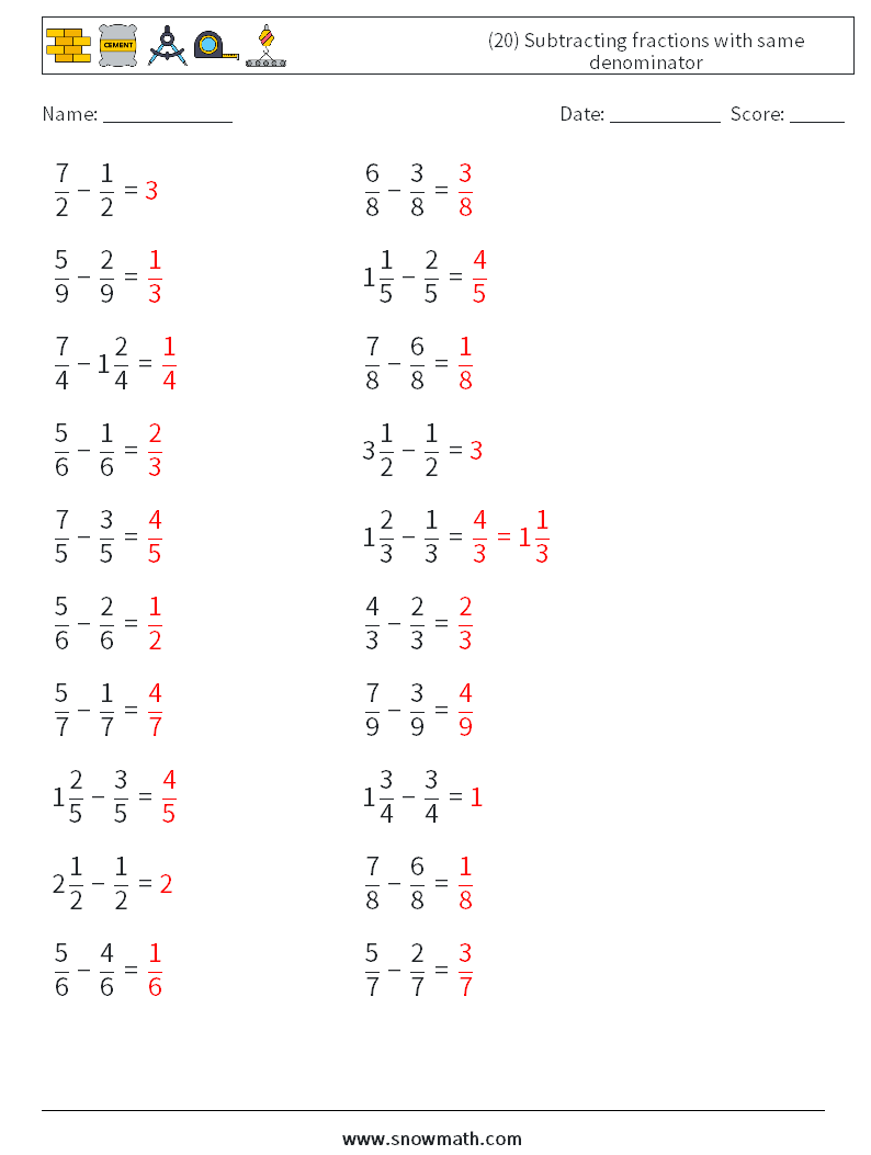 (20) Subtracting fractions with same denominator Math Worksheets 11 Question, Answer