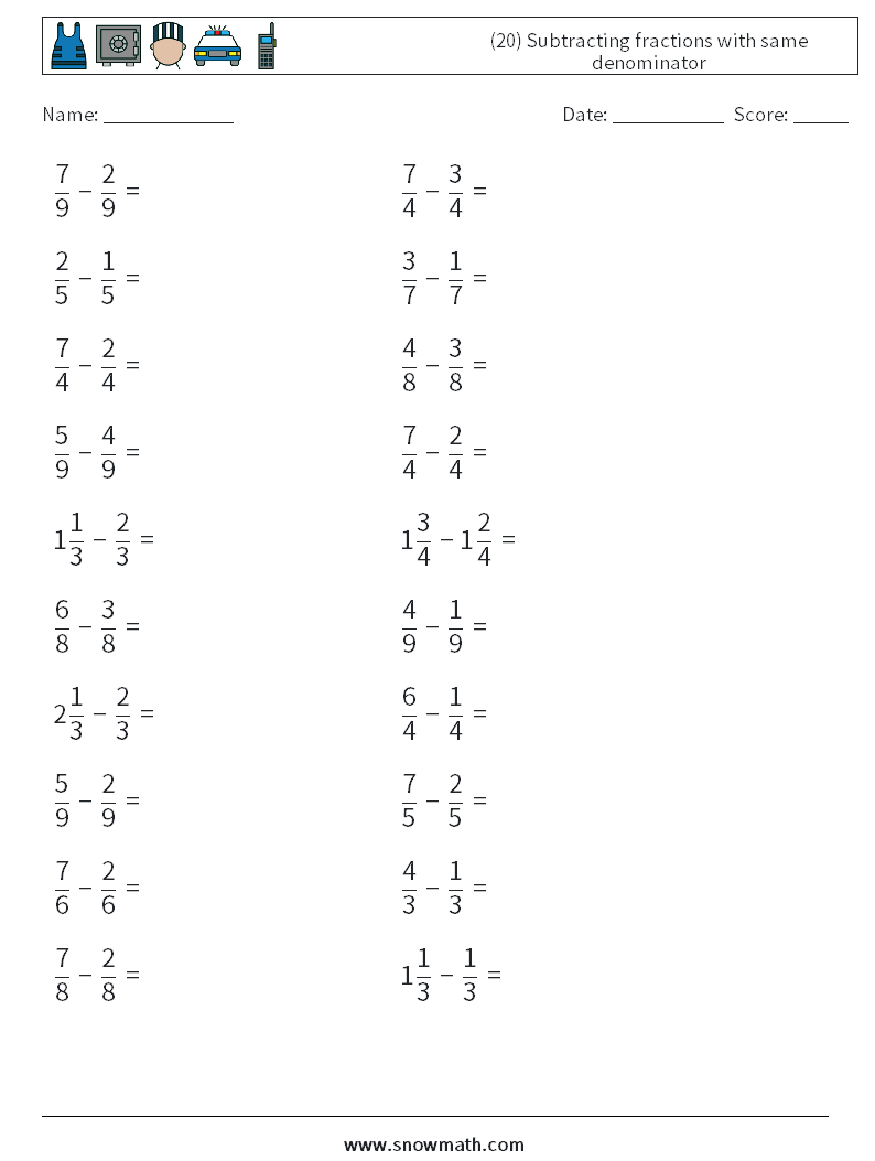 (20) Subtracting fractions with same denominator Math Worksheets 12