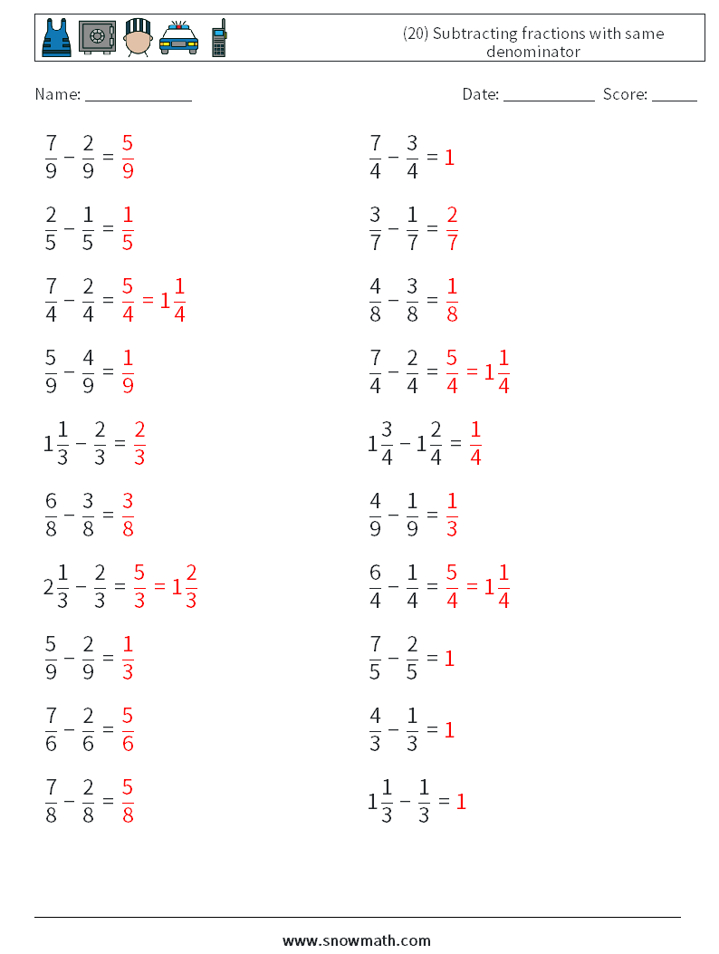 (20) Subtracting fractions with same denominator Math Worksheets 12 Question, Answer