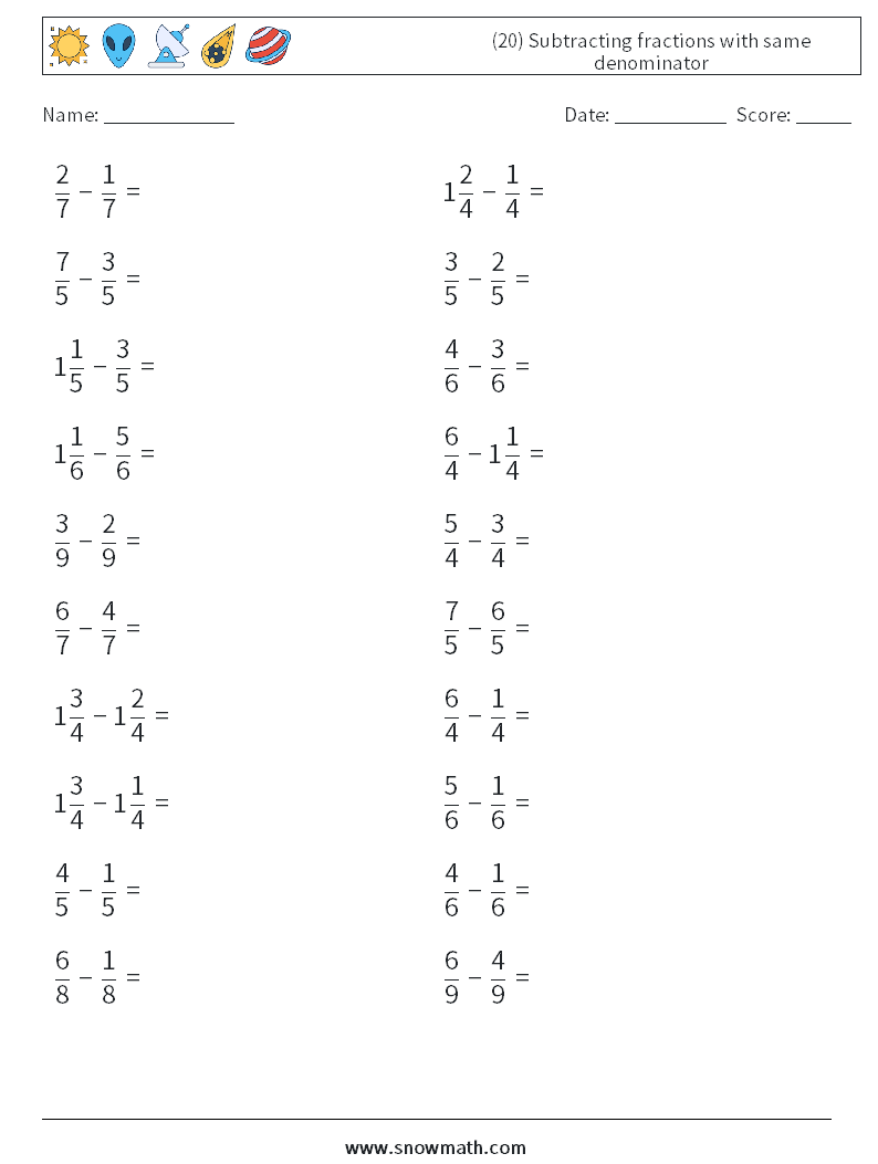 (20) Subtracting fractions with same denominator Math Worksheets 13