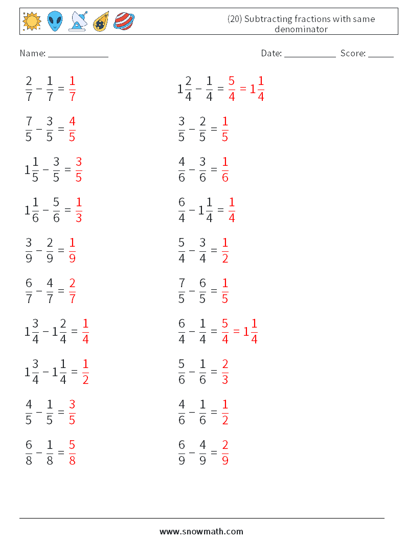(20) Subtracting fractions with same denominator Math Worksheets 13 Question, Answer