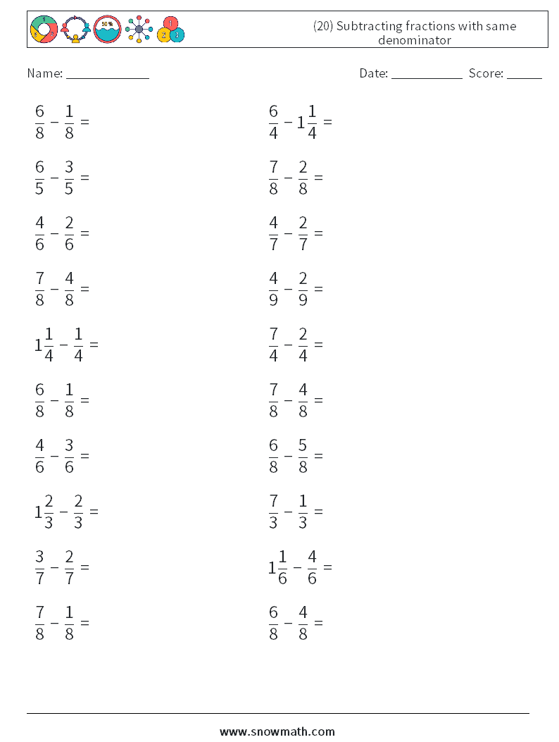 (20) Subtracting fractions with same denominator Math Worksheets 14