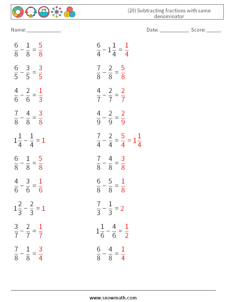 (20) Subtracting fractions with same denominator Math Worksheets 14 Question, Answer