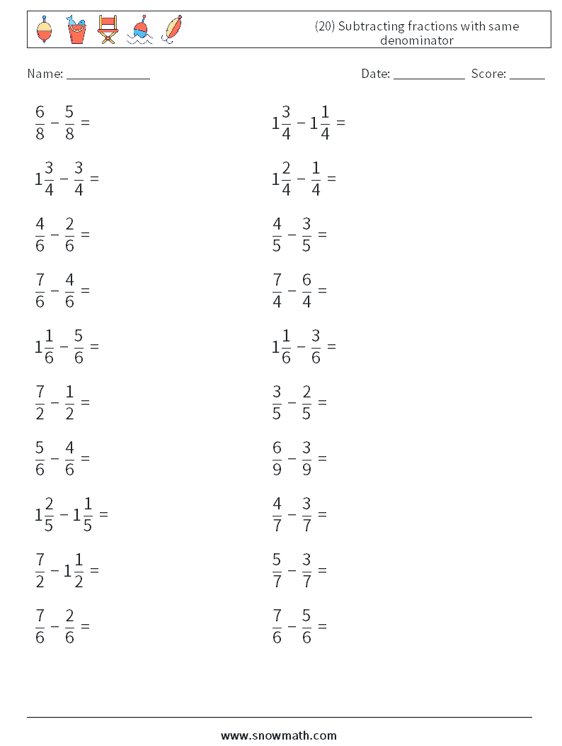 (20) Subtracting fractions with same denominator Math Worksheets 15