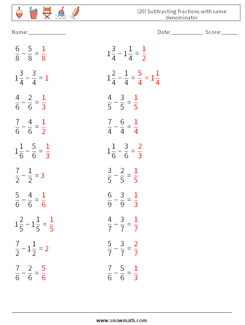 (20) Subtracting fractions with same denominator Math Worksheets 15 Question, Answer