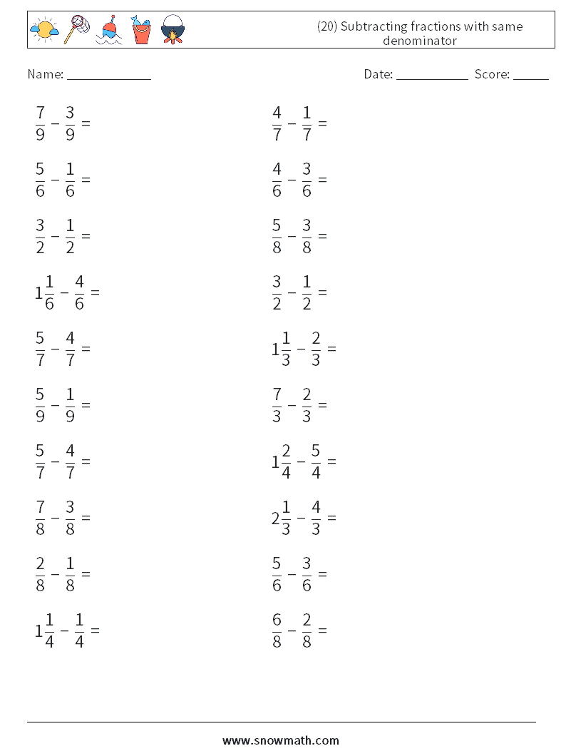 (20) Subtracting fractions with same denominator Math Worksheets 16