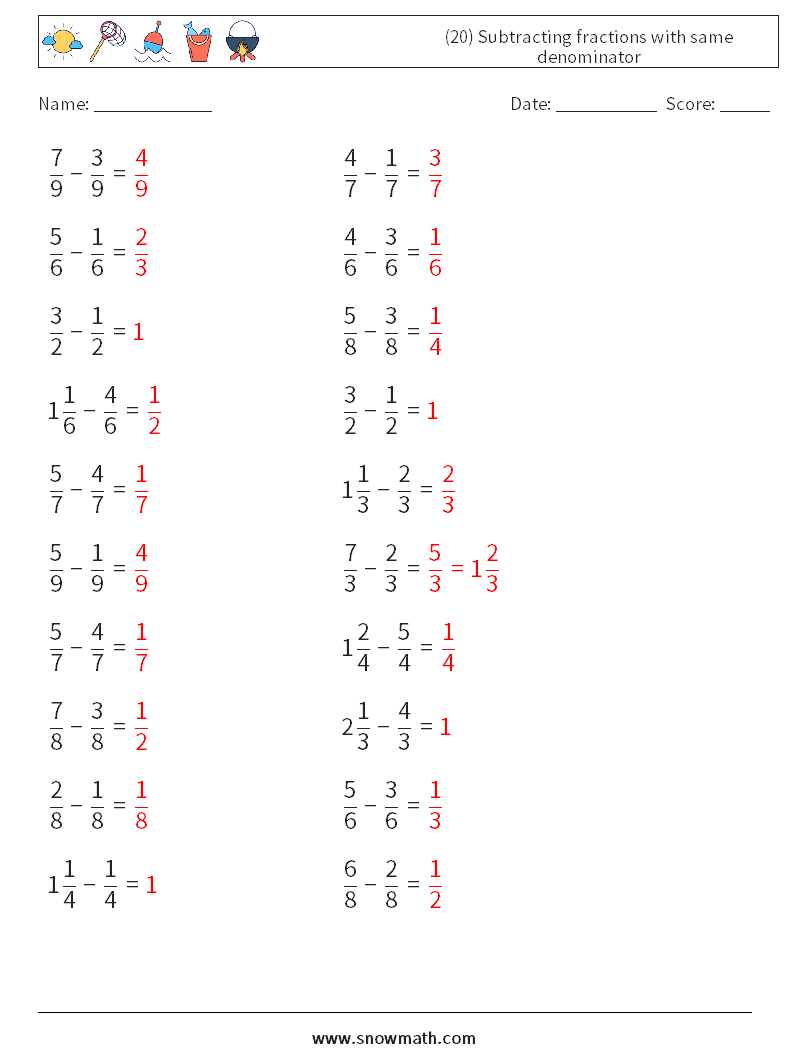 (20) Subtracting fractions with same denominator Math Worksheets 16 Question, Answer
