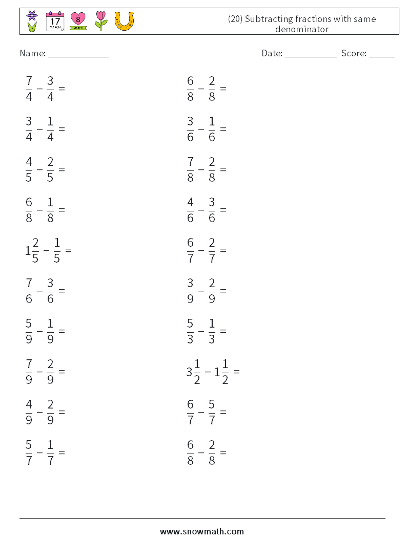 (20) Subtracting fractions with same denominator Math Worksheets 17