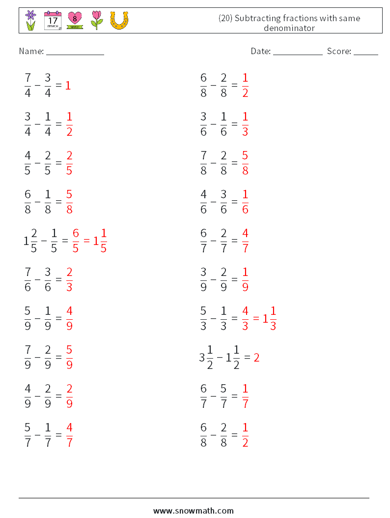 (20) Subtracting fractions with same denominator Math Worksheets 17 Question, Answer