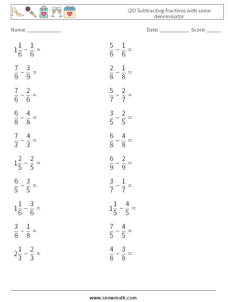 (20) Subtracting fractions with same denominator Math Worksheets 18