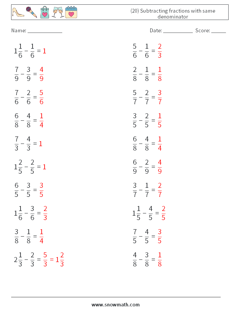 (20) Subtracting fractions with same denominator Math Worksheets 18 Question, Answer