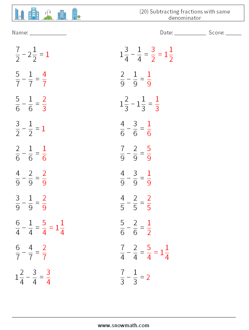 (20) Subtracting fractions with same denominator Math Worksheets 1 Question, Answer