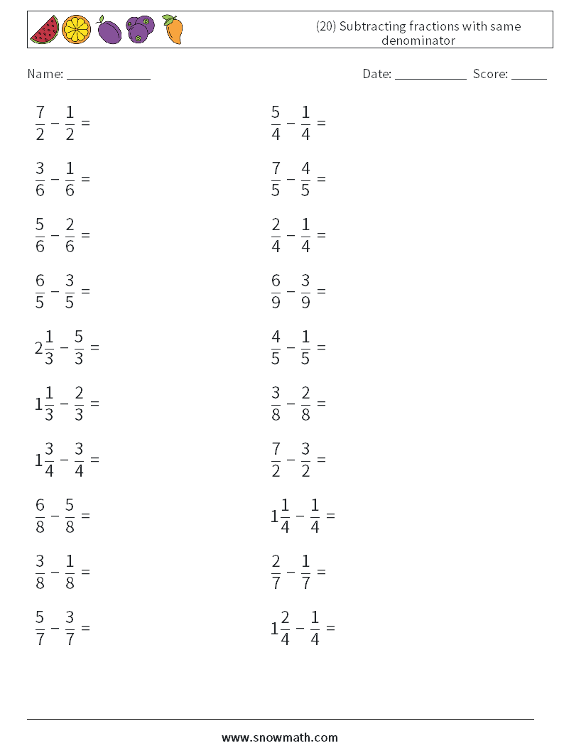 (20) Subtracting fractions with same denominator Math Worksheets 2