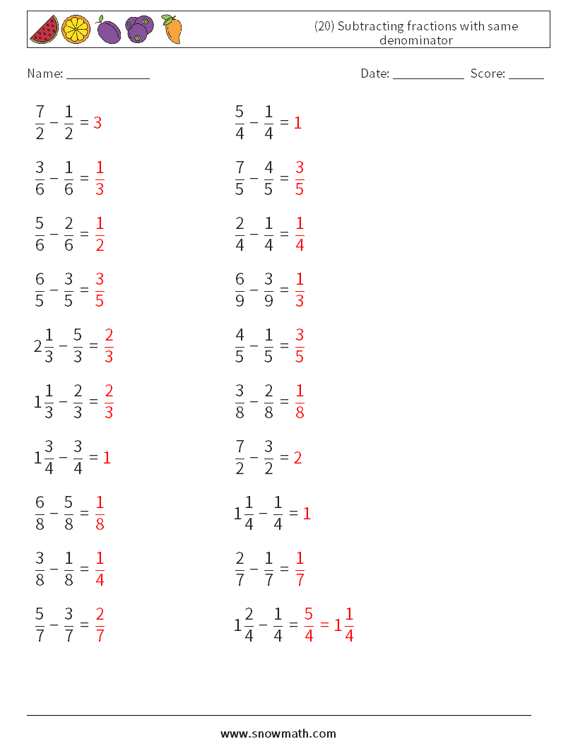 (20) Subtracting fractions with same denominator Math Worksheets 2 Question, Answer