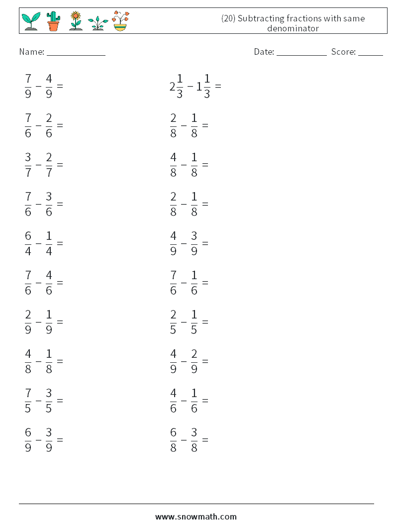 (20) Subtracting fractions with same denominator Math Worksheets 3
