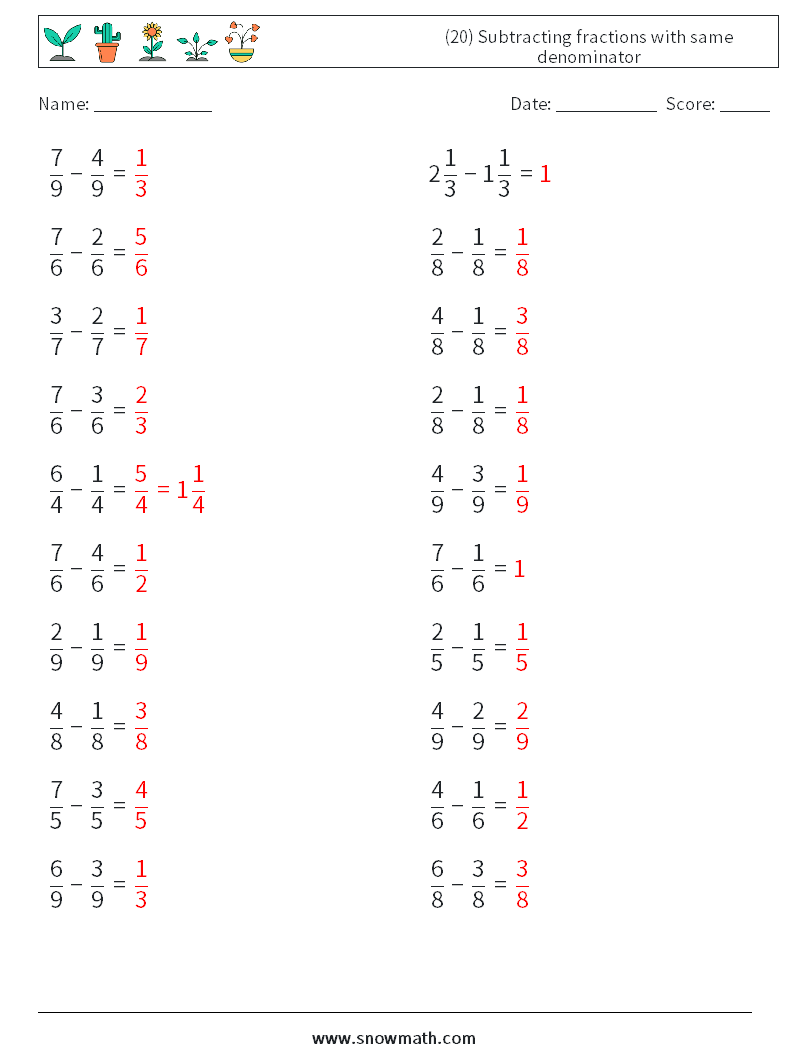 (20) Subtracting fractions with same denominator Math Worksheets 3 Question, Answer