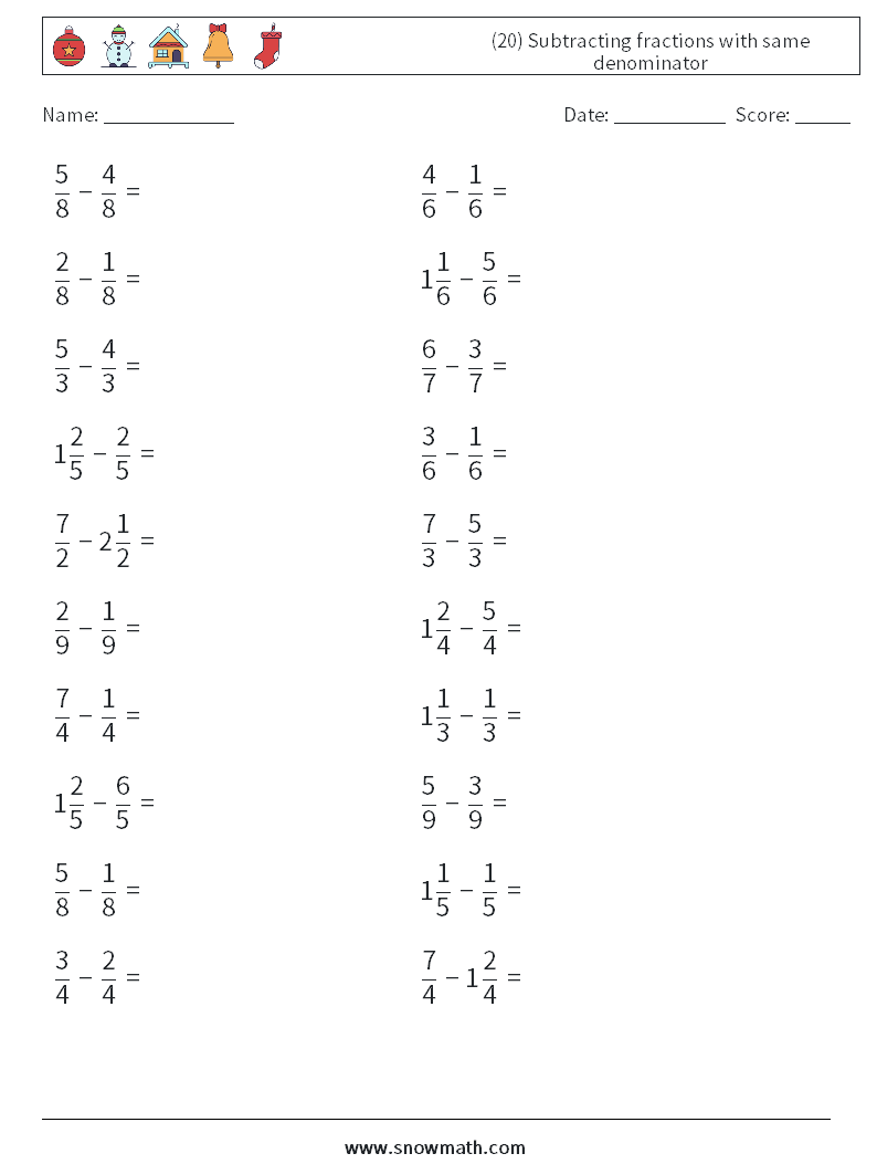 (20) Subtracting fractions with same denominator Math Worksheets 4