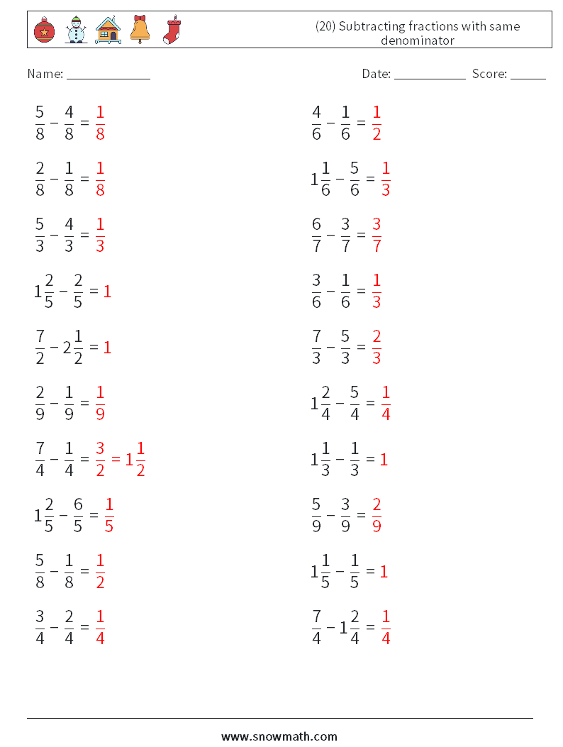 (20) Subtracting fractions with same denominator Math Worksheets 4 Question, Answer