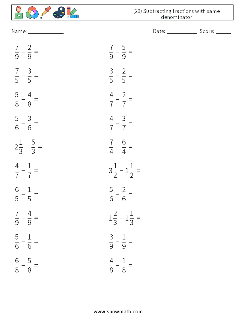 (20) Subtracting fractions with same denominator Math Worksheets 5