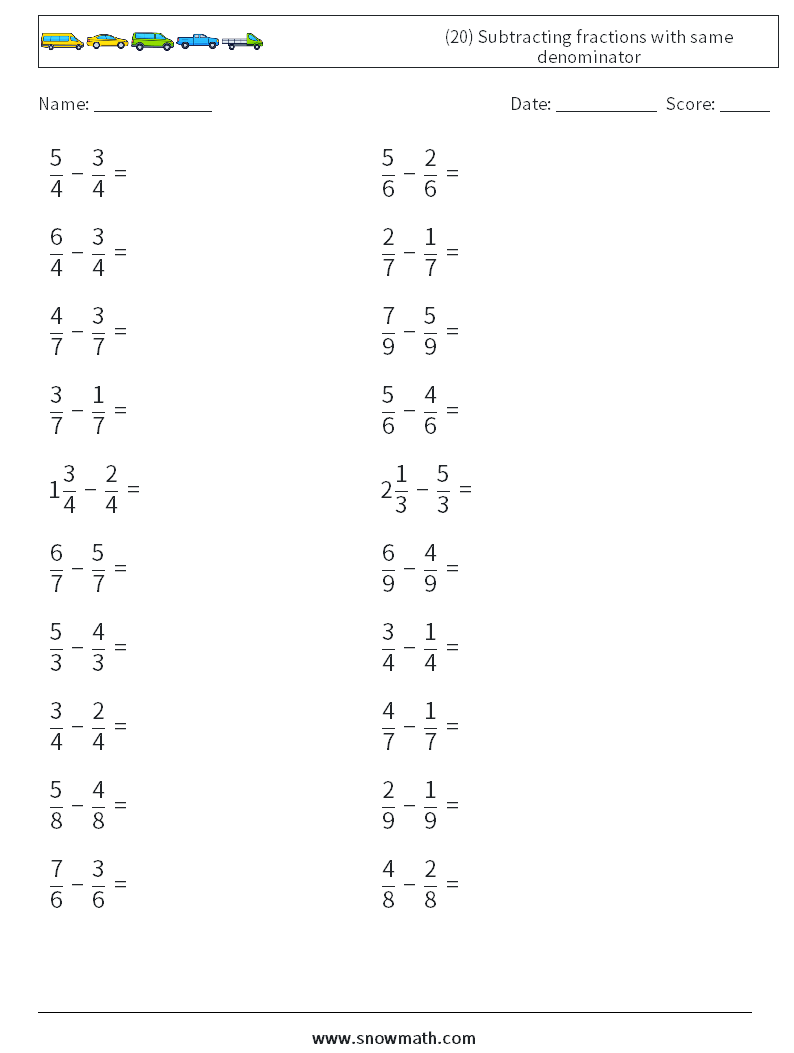 (20) Subtracting fractions with same denominator Math Worksheets 6