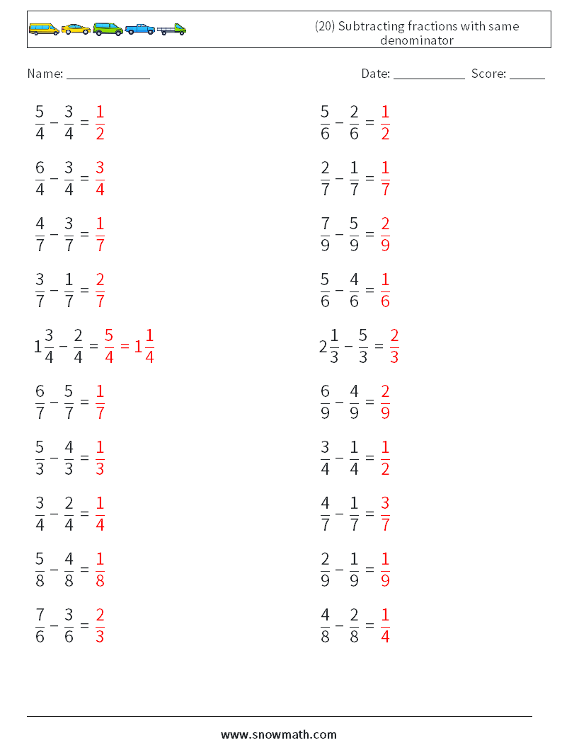 (20) Subtracting fractions with same denominator Math Worksheets 6 Question, Answer