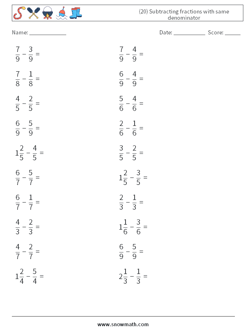 (20) Subtracting fractions with same denominator Math Worksheets 7