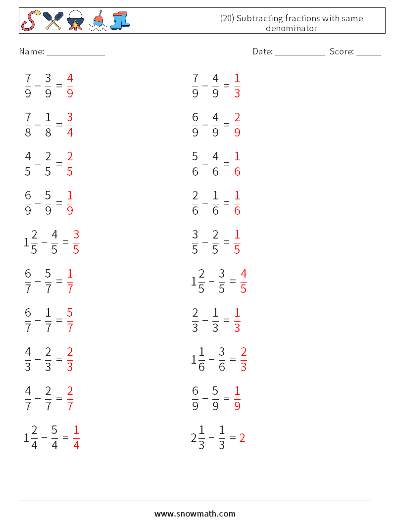 (20) Subtracting fractions with same denominator Math Worksheets 7 Question, Answer