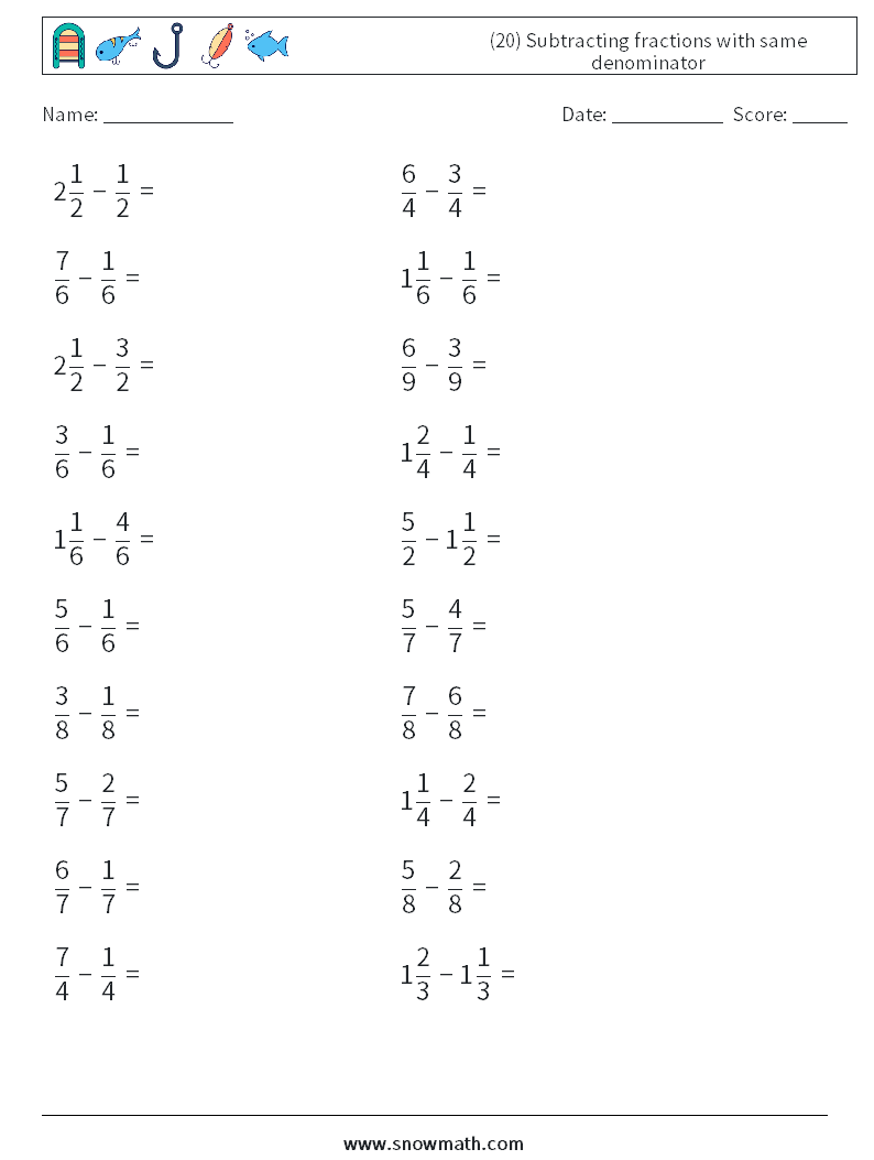 (20) Subtracting fractions with same denominator Math Worksheets 8