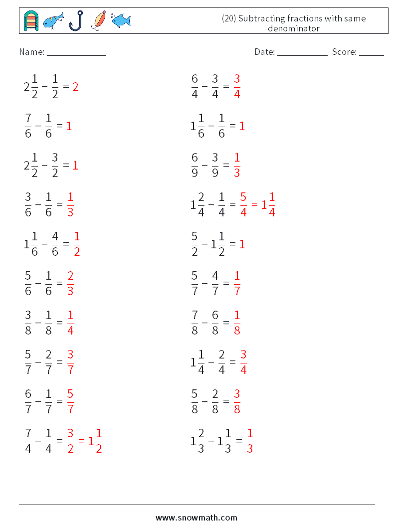 (20) Subtracting fractions with same denominator Math Worksheets 8 Question, Answer