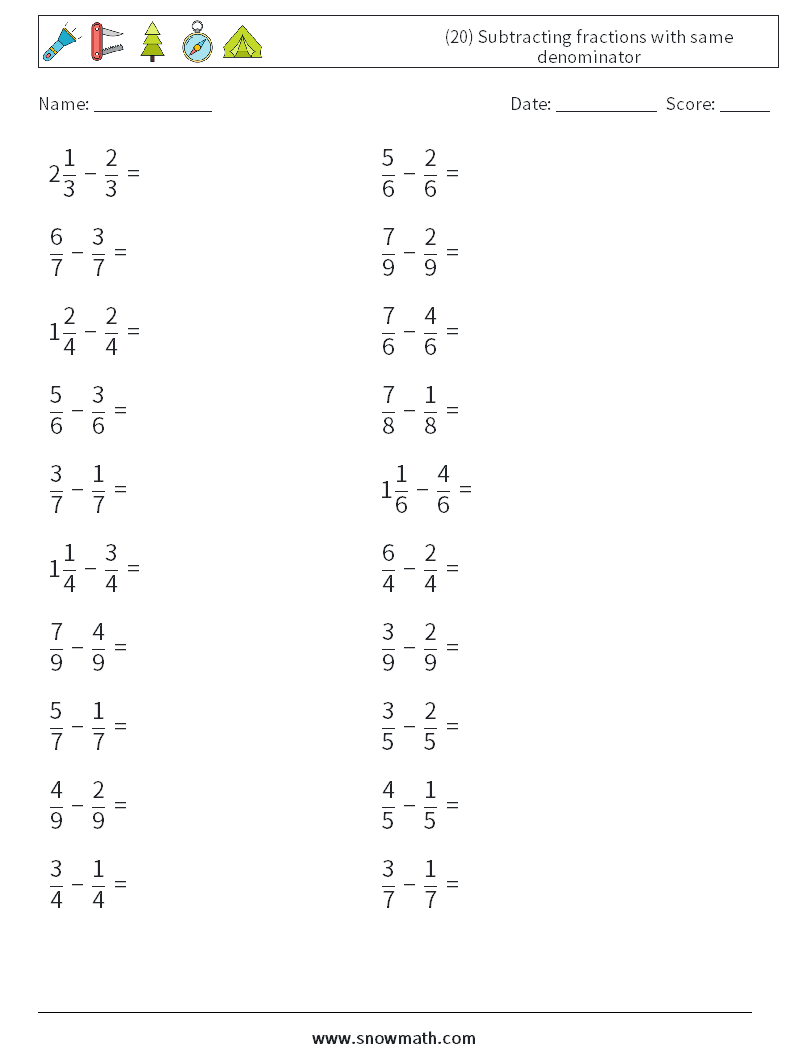(20) Subtracting fractions with same denominator Math Worksheets 9