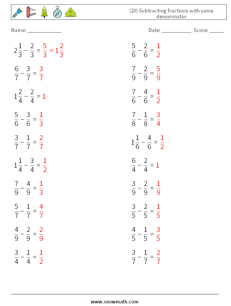 (20) Subtracting fractions with same denominator Math Worksheets 9 Question, Answer