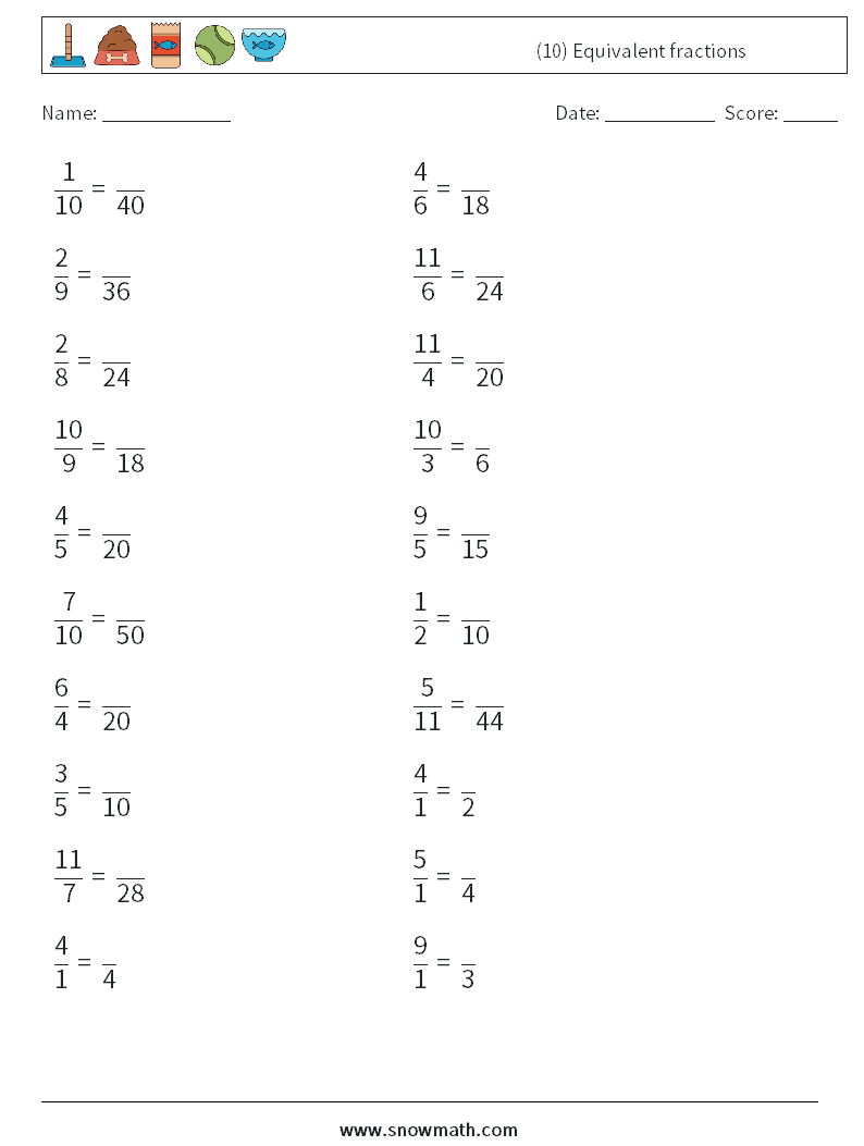 (10) Equivalent fractions Math Worksheets 1