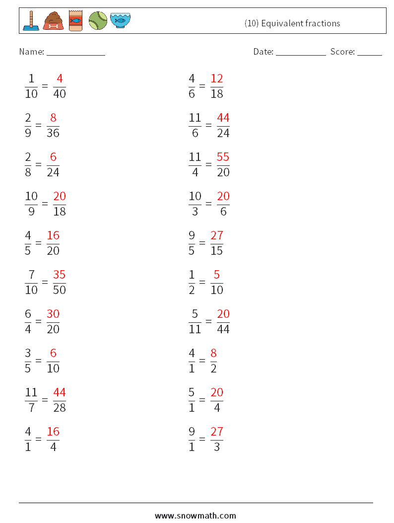 (10) Equivalent fractions Math Worksheets 1 Question, Answer