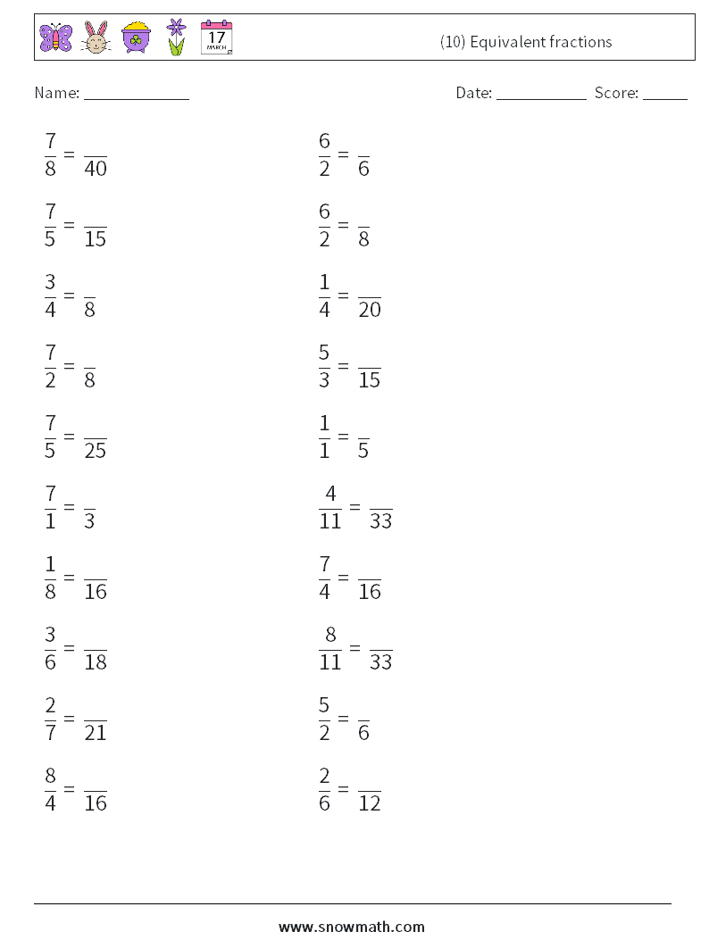 (10) Equivalent fractions Math Worksheets 2