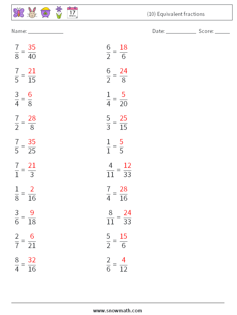 (10) Equivalent fractions Math Worksheets 2 Question, Answer