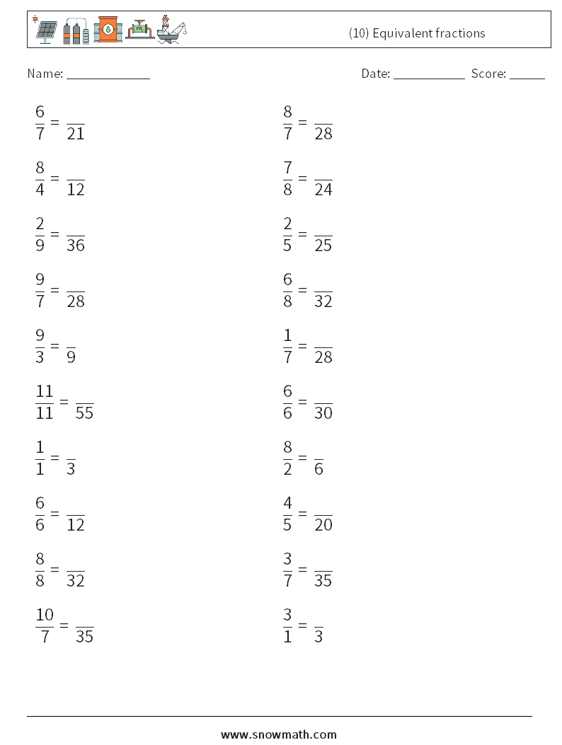 (10) Equivalent fractions Math Worksheets 3