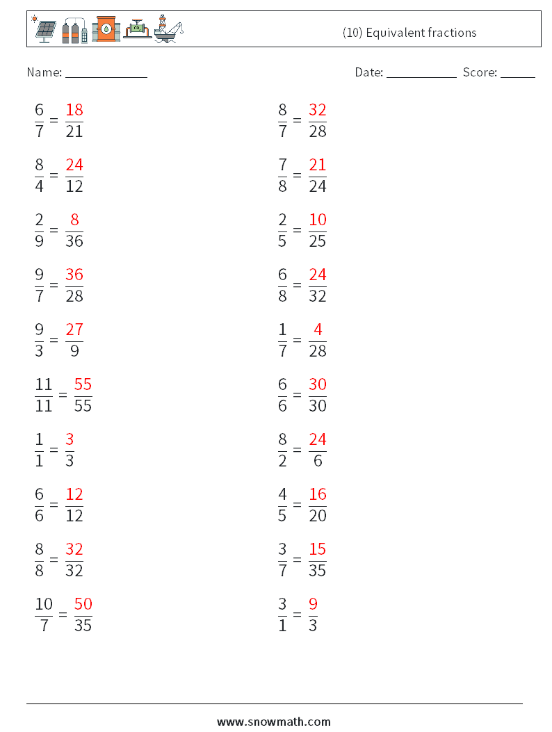 (10) Equivalent fractions Math Worksheets 3 Question, Answer