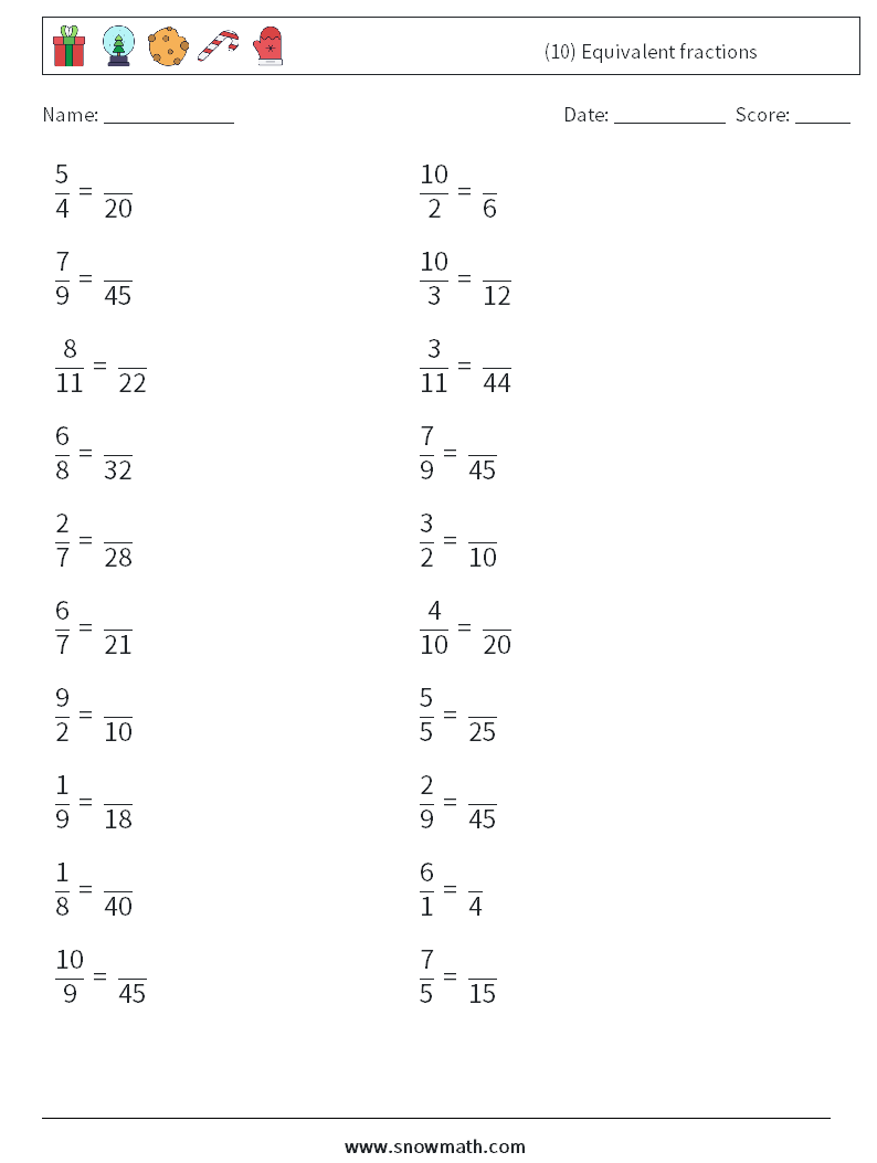 (10) Equivalent fractions Math Worksheets 4