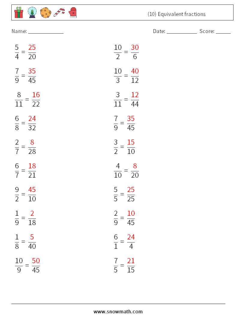 (10) Equivalent fractions Math Worksheets 4 Question, Answer