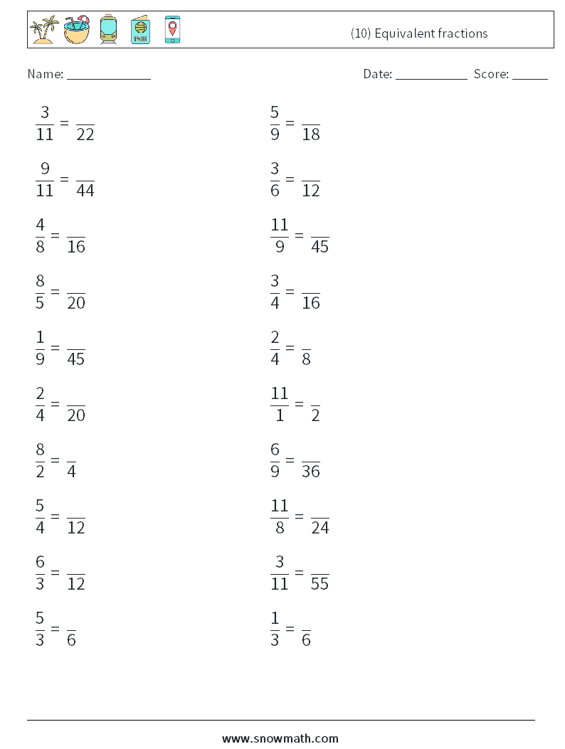 (10) Equivalent fractions Math Worksheets 5