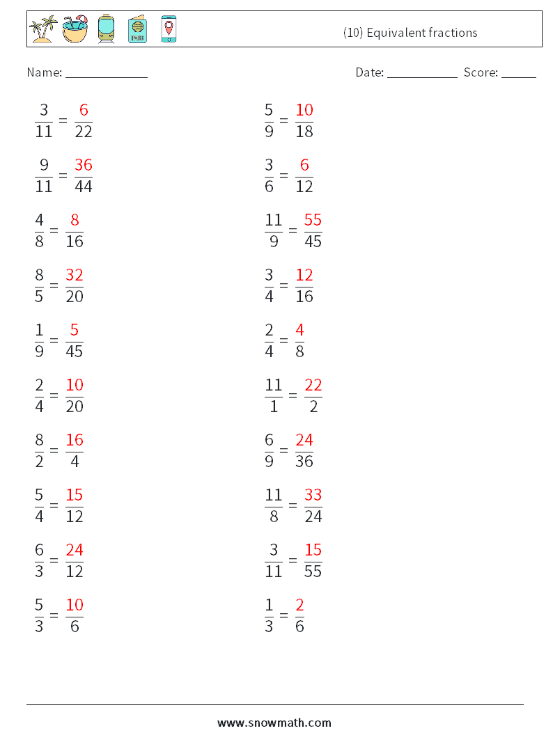 (10) Equivalent fractions Math Worksheets 5 Question, Answer