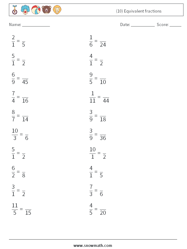 (10) Equivalent fractions Math Worksheets 6