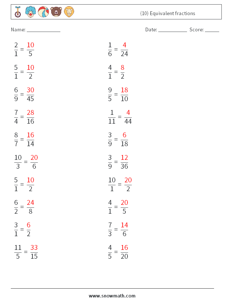(10) Equivalent fractions Math Worksheets 6 Question, Answer