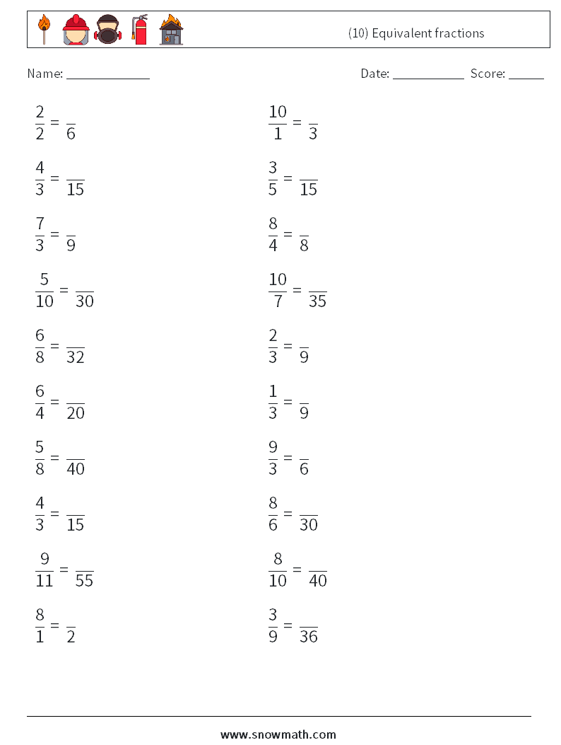 (10) Equivalent fractions Math Worksheets 7