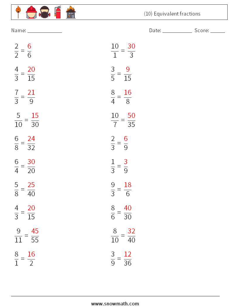 (10) Equivalent fractions Math Worksheets 7 Question, Answer