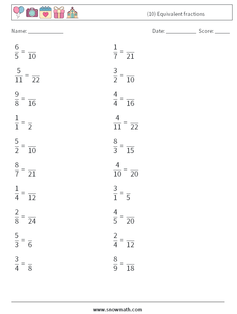 (10) Equivalent fractions Math Worksheets 8