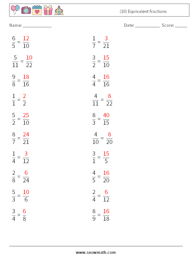 (10) Equivalent fractions Math Worksheets 8 Question, Answer