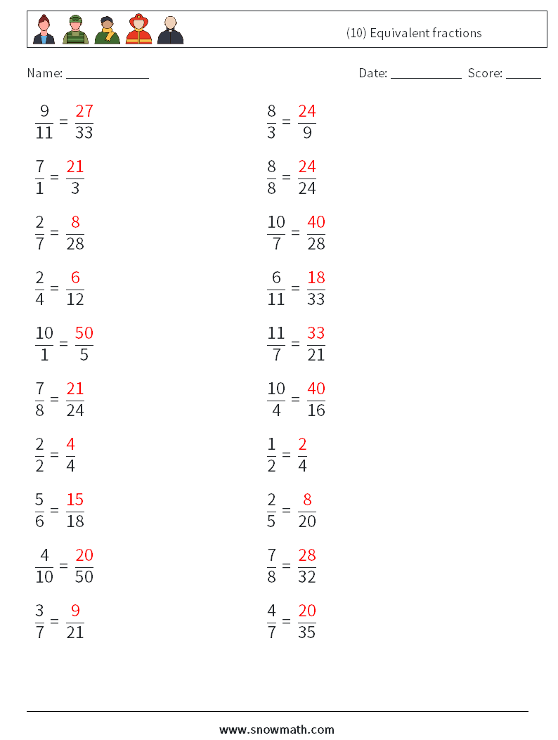 (10) Equivalent fractions Math Worksheets 9 Question, Answer