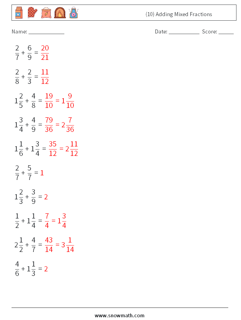 (10) Adding Mixed Fractions Math Worksheets 10 Question, Answer