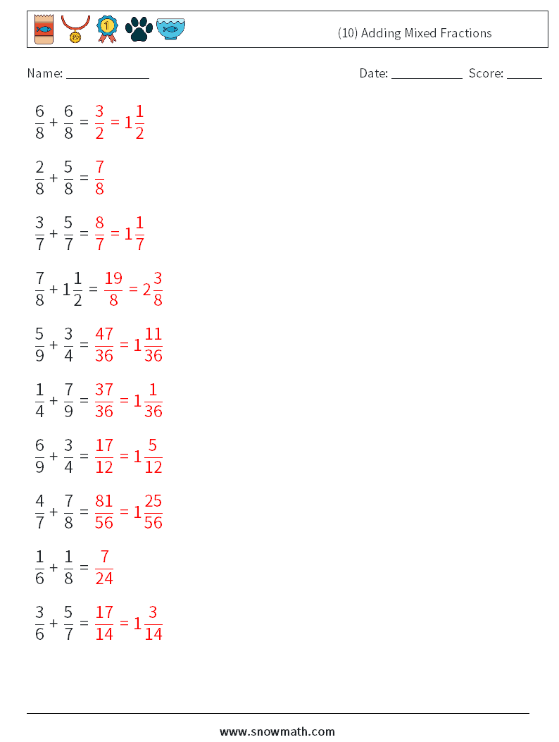 (10) Adding Mixed Fractions Math Worksheets 11 Question, Answer